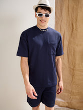 Navy Waffle Front Pocket Oversize T-Shirt-MASCLN SASSAFRAS
