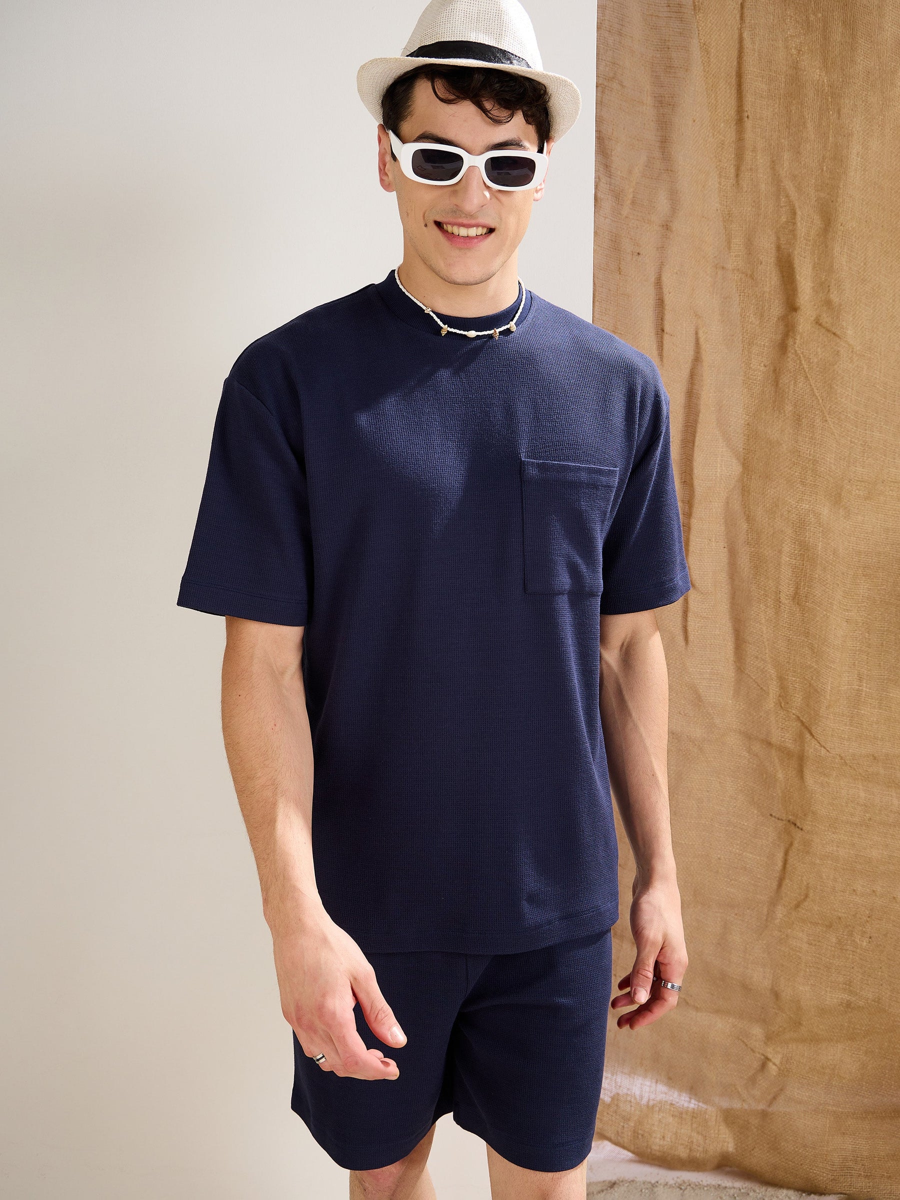 Navy Waffle Front Pocket Oversize T-Shirt-MASCLN SASSAFRAS