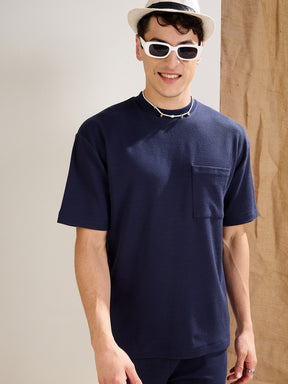 Navy Waffle Front Pocket Oversize T-Shirt-MASCLN SASSAFRAS