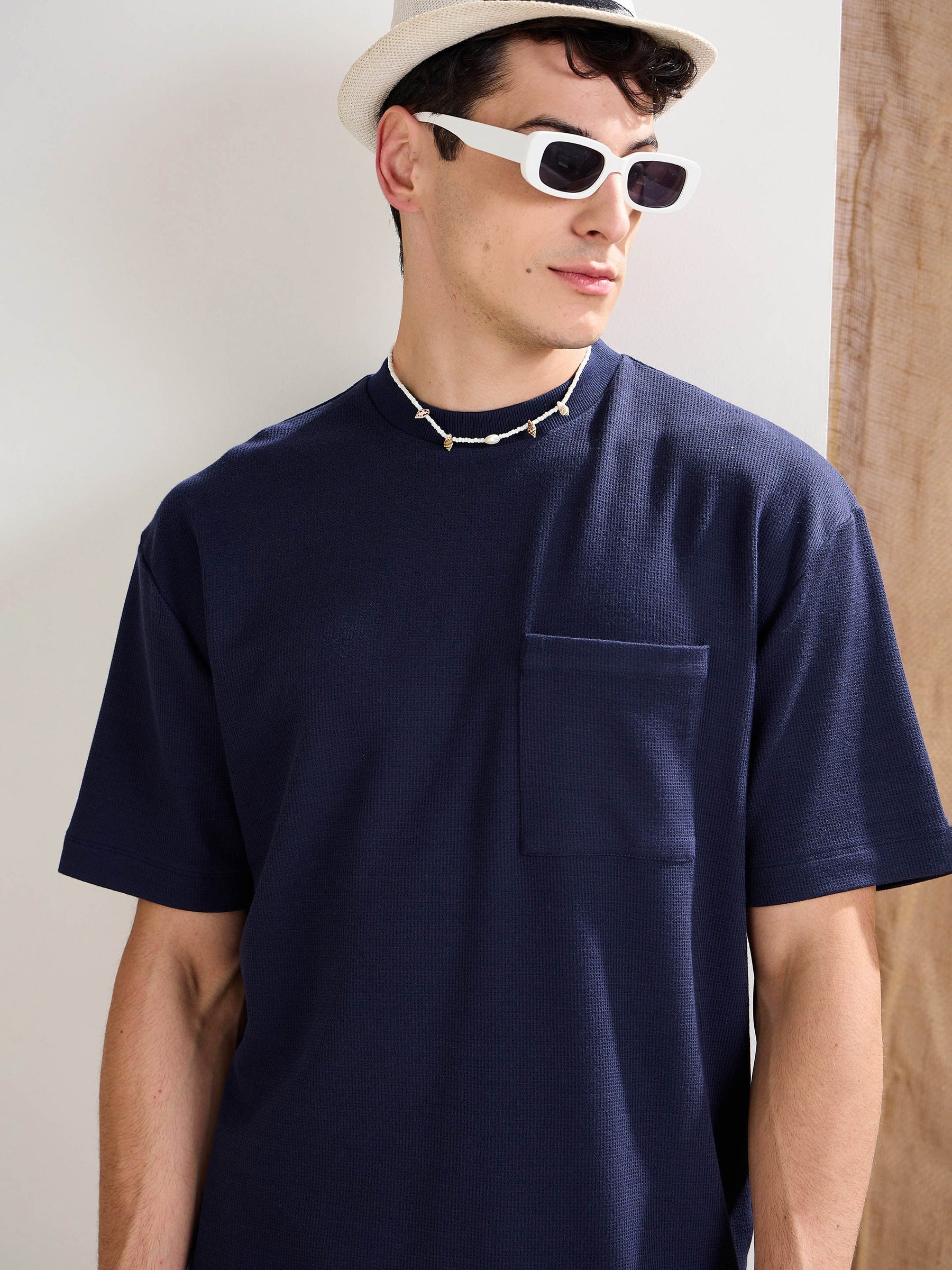 Navy Waffle Front Pocket Oversize T-Shirt-MASCLN SASSAFRAS