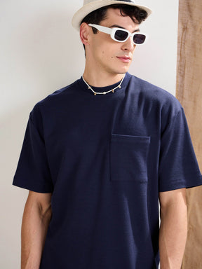 Navy Waffle Front Pocket Oversize T-Shirt-MASCLN SASSAFRAS