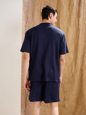 Navy Waffle Front Pocket Oversize T-Shirt-MASCLN SASSAFRAS