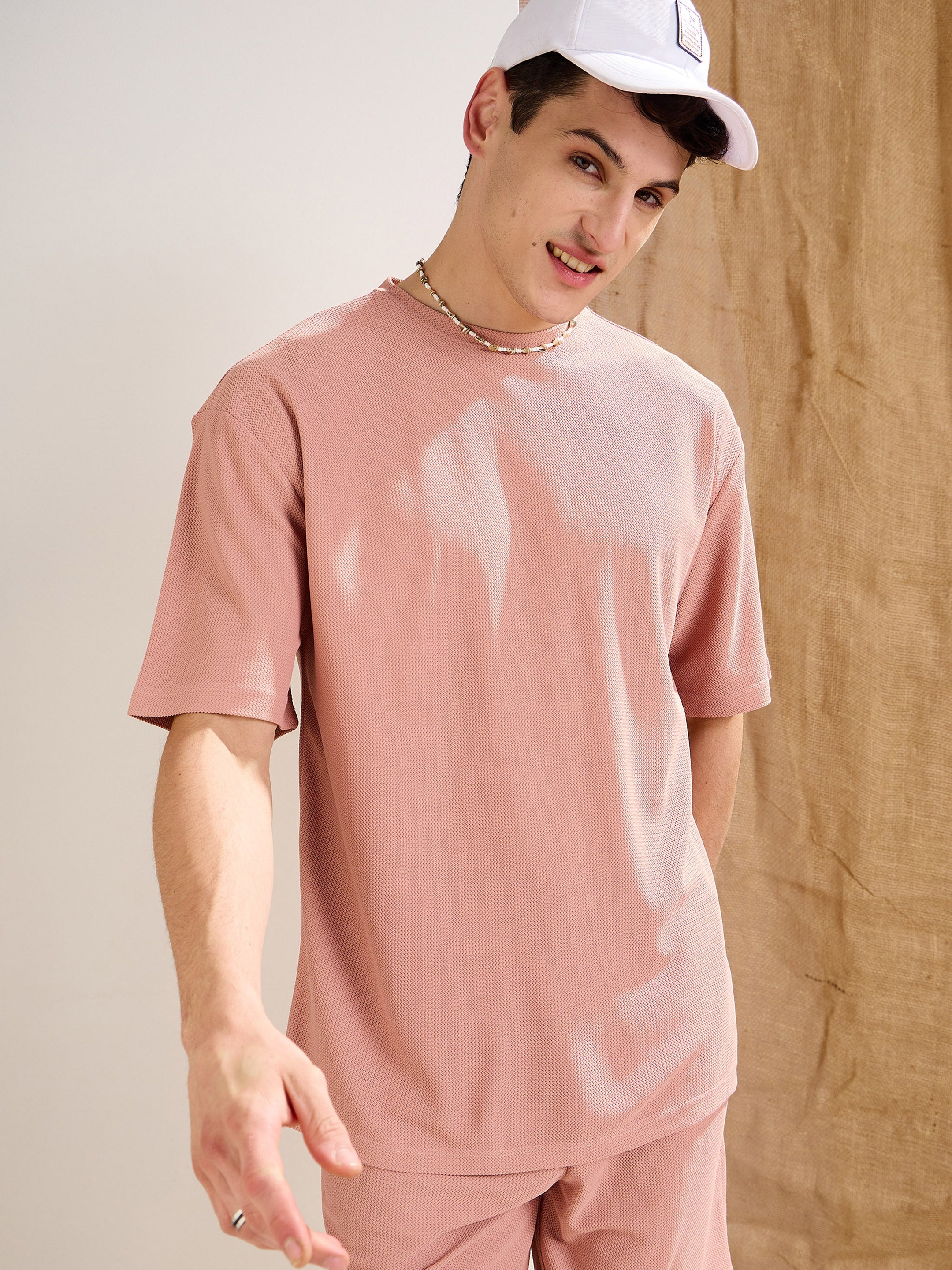 Pink Waffle Oversize T-Shirt-MASCLN SASSAFRAS