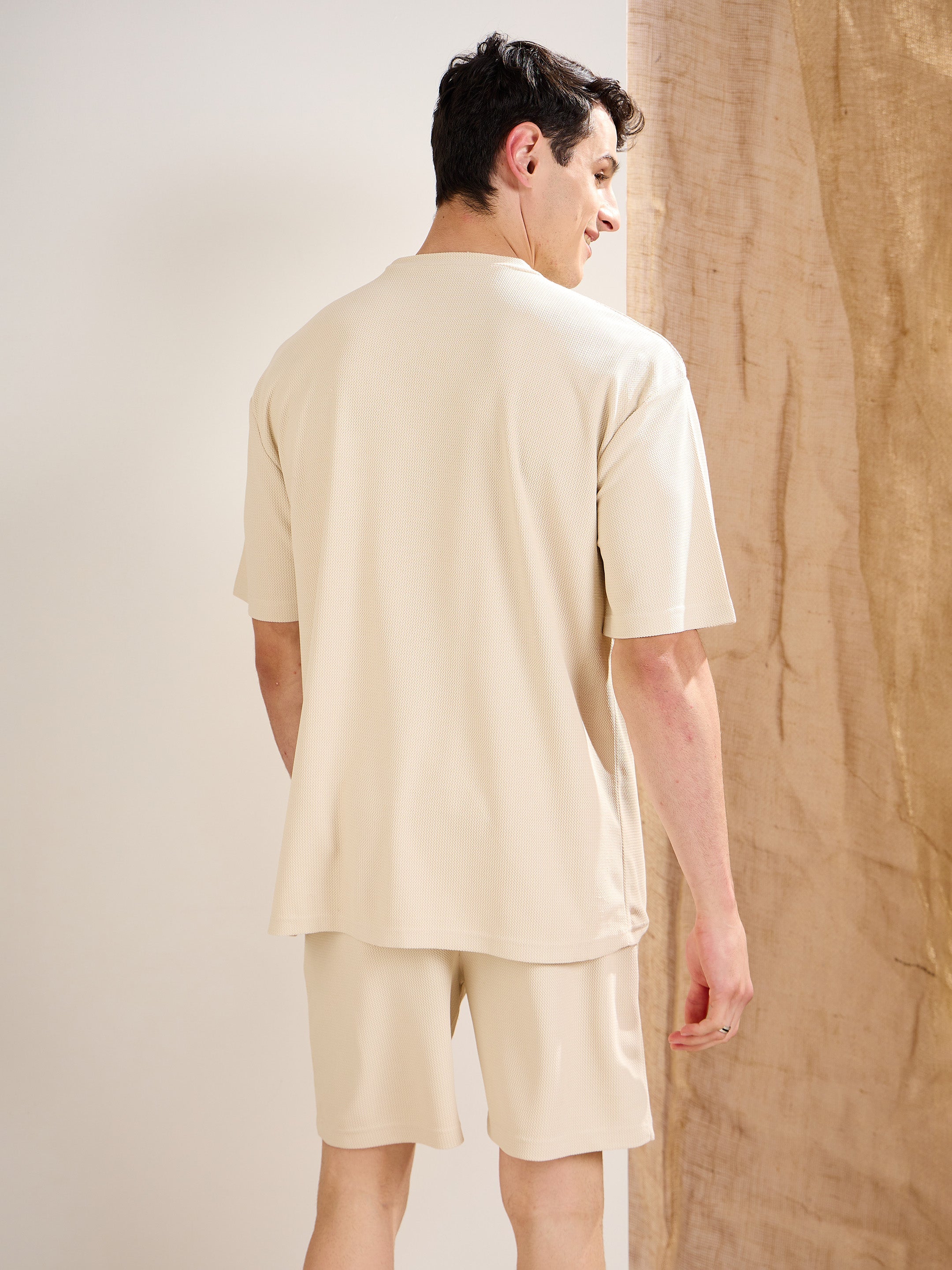 Beige Waffle Oversize T-Shirt-MASCLN SASSAFRAS