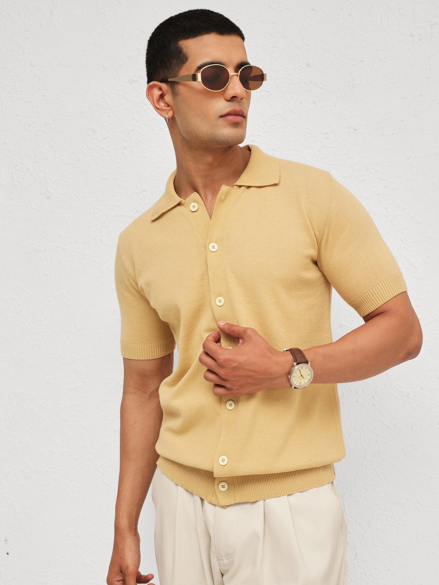 Beige Knitted Front Button Open T-Shirt-MASCLN SASSAFRAS