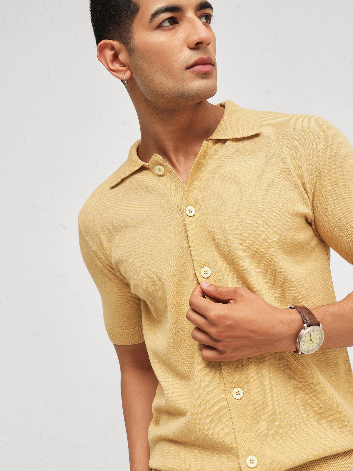 Beige Knitted Front Button Open T-Shirt-MASCLN SASSAFRAS
