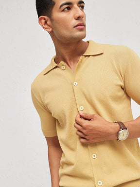 Beige Knitted Front Button Open T-Shirt-MASCLN SASSAFRAS