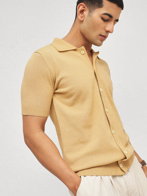 Beige Knitted Front Button Open T-Shirt-MASCLN SASSAFRAS