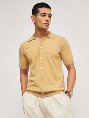 Beige Knitted Front Button Open T-Shirt-MASCLN SASSAFRAS