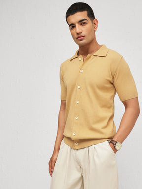 Men Beige Knitted Front Button Open T-Shirt