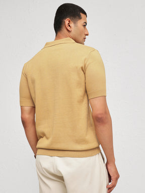 Men Beige Knitted Front Button Open T-Shirt