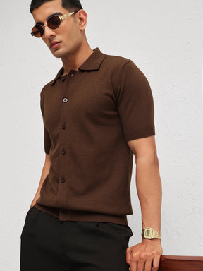 Brown Knitted Front Button Open T-Shirt-MASCLN SASSAFRAS