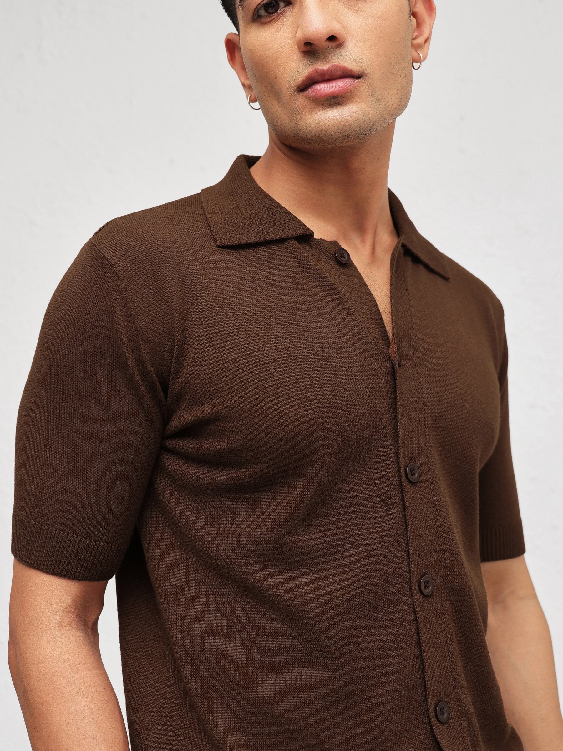 Brown Knitted Front Button Open T-Shirt-MASCLN SASSAFRAS
