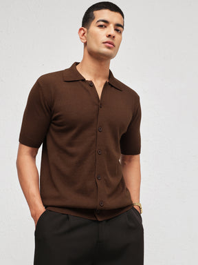 Brown Knitted Front Button Open T-Shirt-MASCLN SASSAFRAS