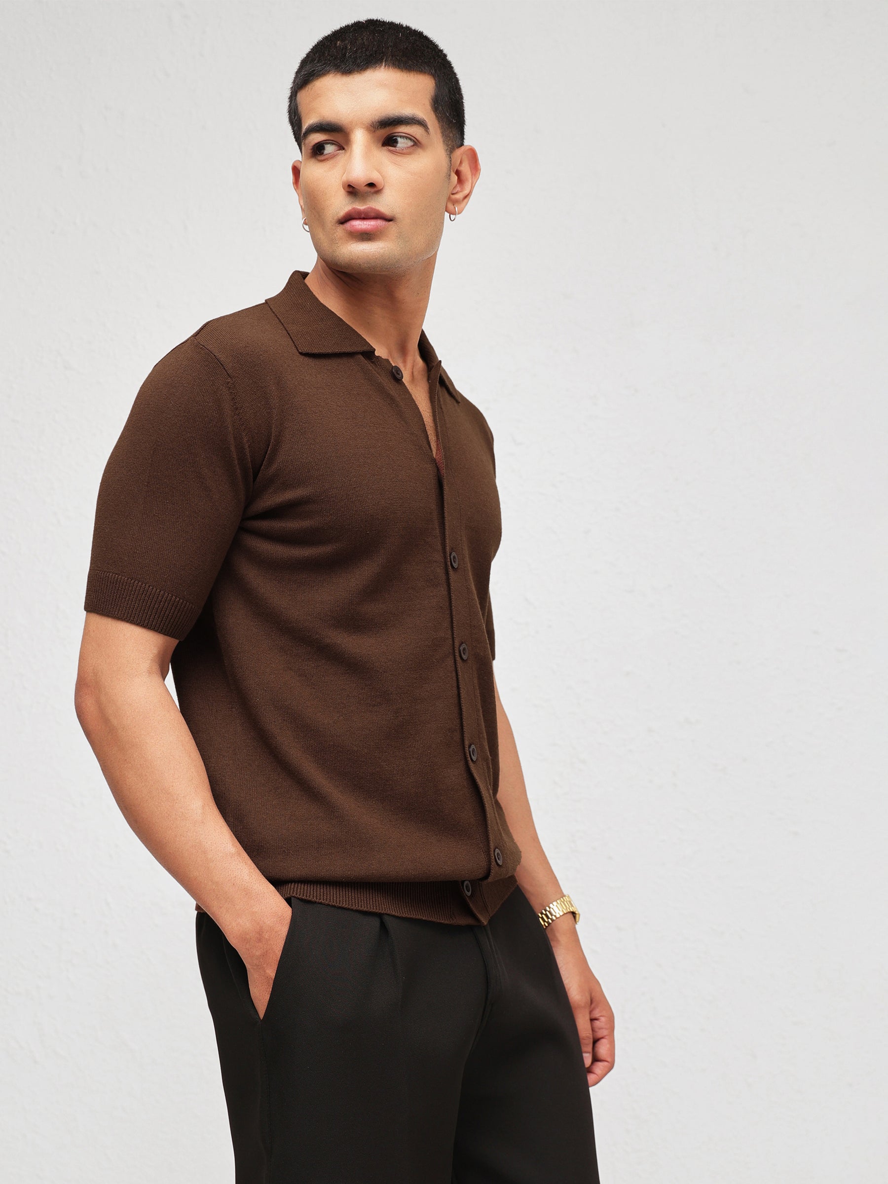 Brown Knitted Front Button Open T-Shirt-MASCLN SASSAFRAS