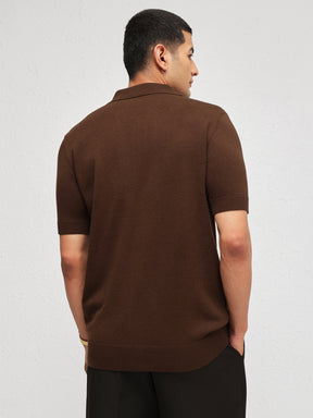Men Brown Knitted Front Button Open T-Shirt