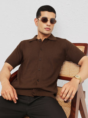 Men Brown Knitted Front Button Open T-Shirt