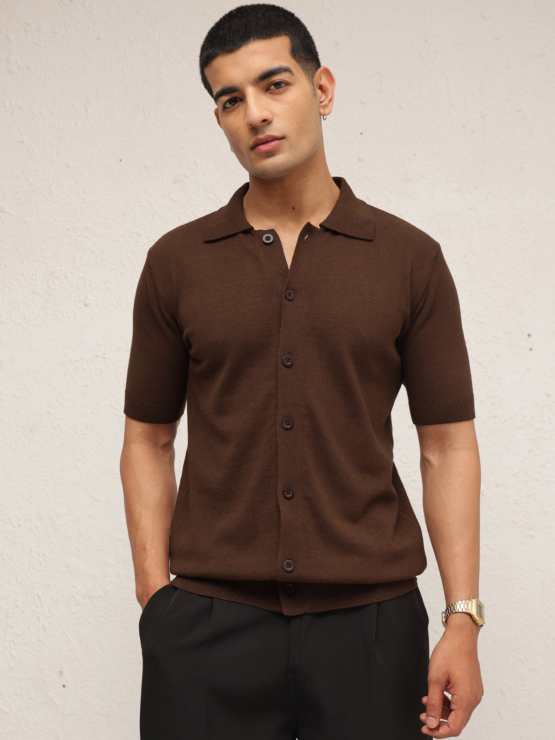 Men Brown Knitted Front Button Open T-Shirt