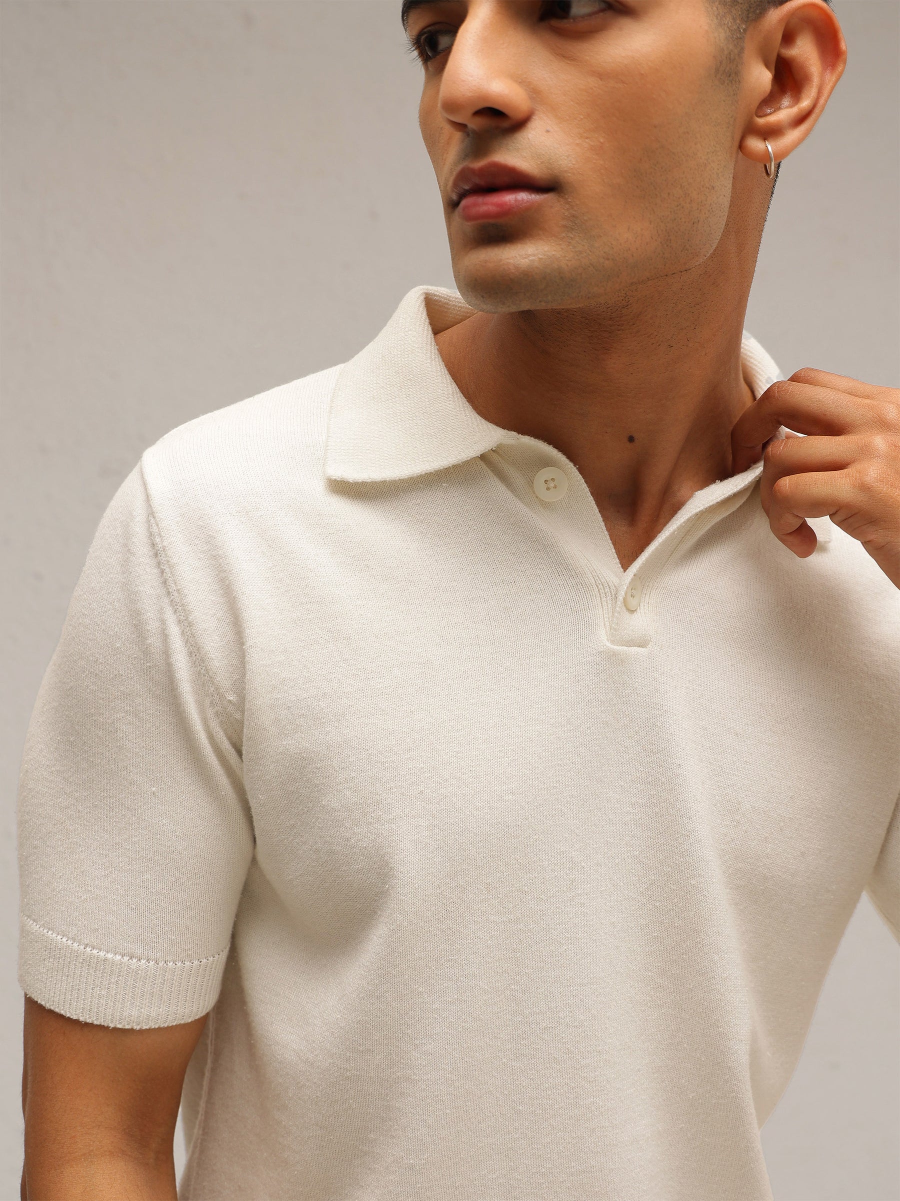White Knitted Relax Fit Front Button Polo T-Shirt-MASCLN SASSAFRAS