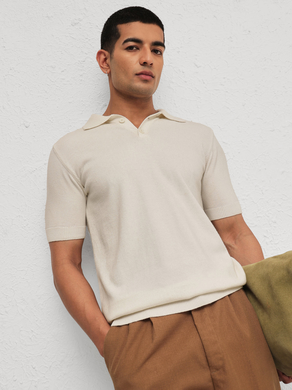 White Knitted Relax Fit Front Button Polo T-Shirt-MASCLN SASSAFRAS