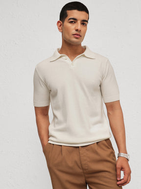 White Knitted Relax Fit Front Button Polo T-Shirt-MASCLN SASSAFRAS