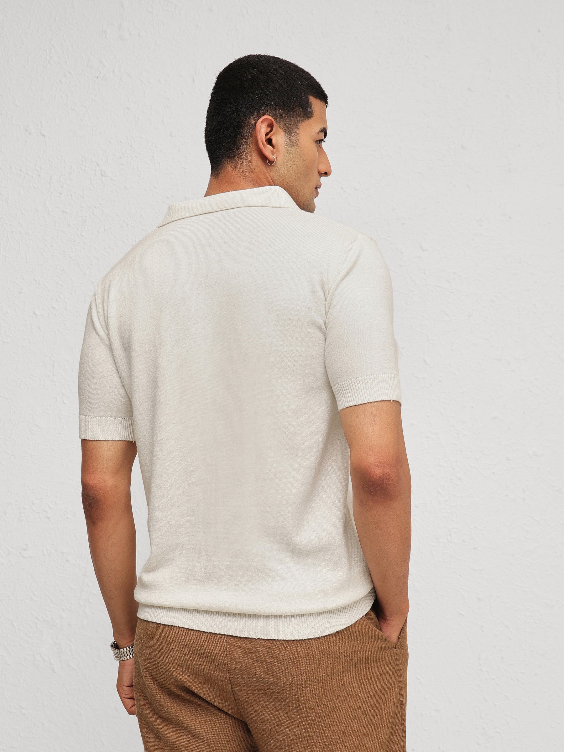 Men White Knitted Relax Fit Front Button Polo T-Shirt