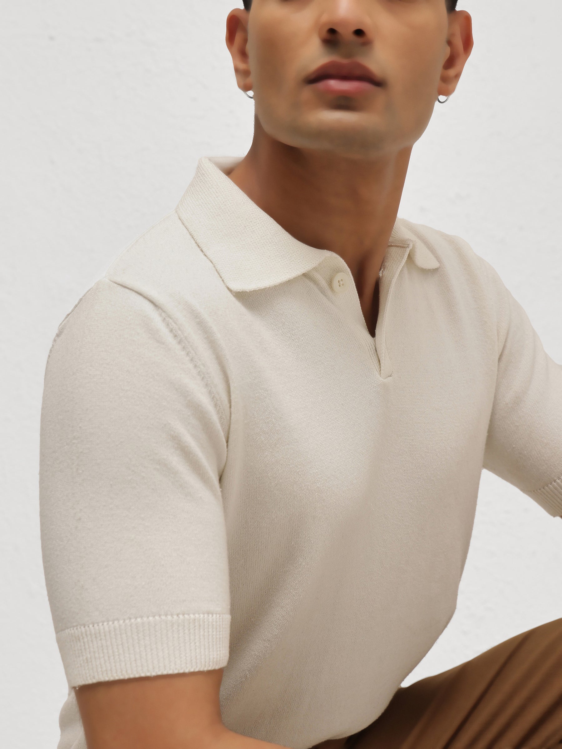 Men White Knitted Relax Fit Front Button Polo T-Shirt