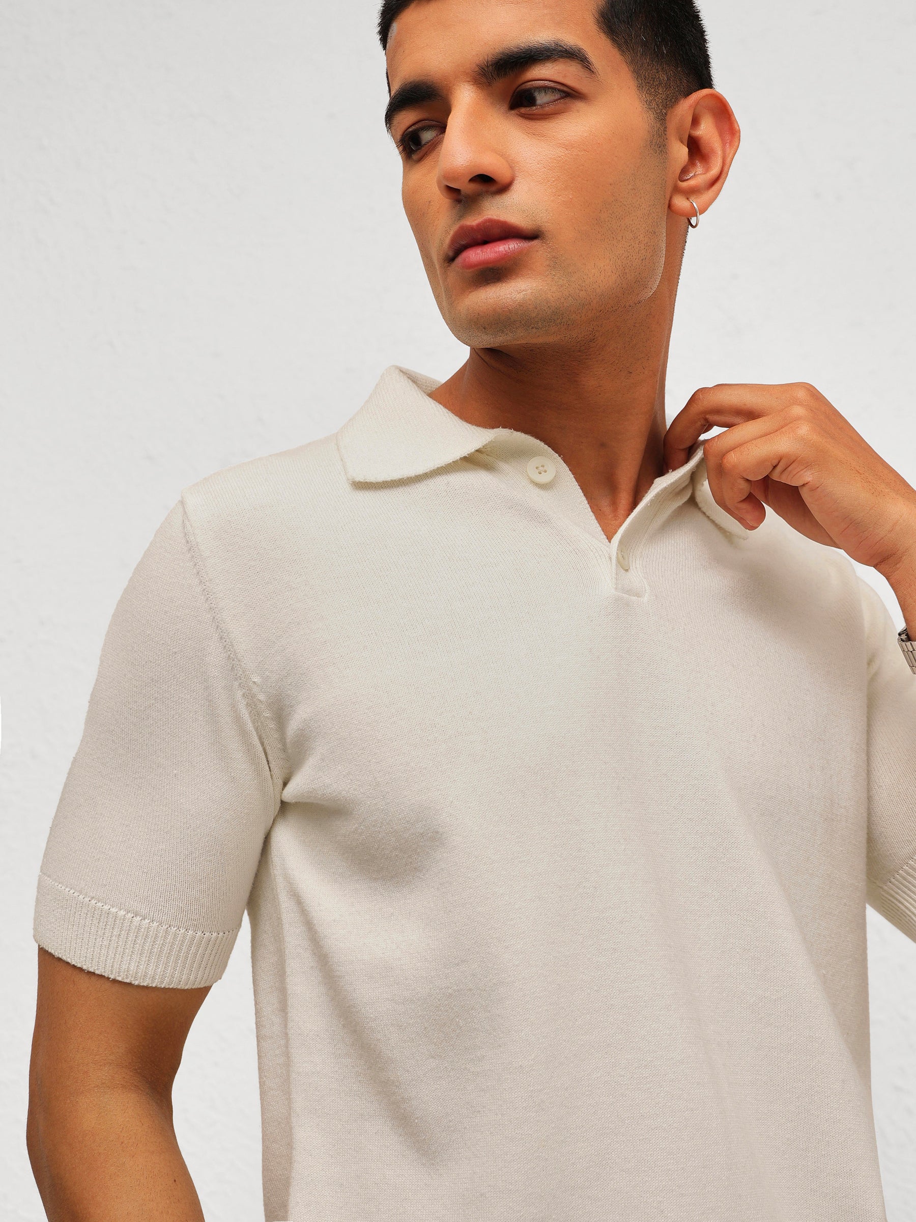 Men White Knitted Relax Fit Front Button Polo T-Shirt