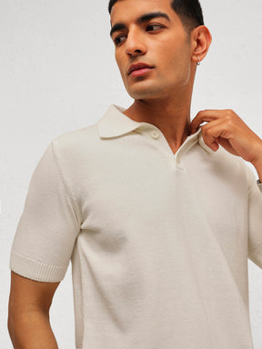 Men White Knitted Relax Fit Front Button Polo T-Shirt