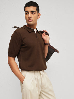 Brown Knitted Relax Fit Front Button Polo T-Shirt-MASCLN SASSAFRAS
