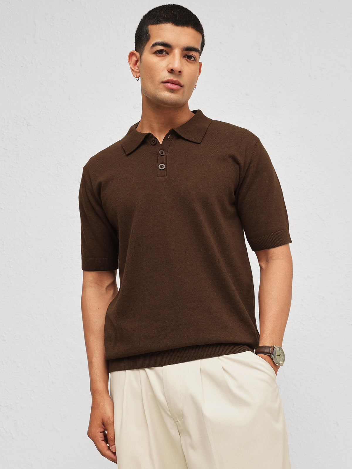 Brown Knitted Relax Fit Front Button Polo T-Shirt-MASCLN SASSAFRAS