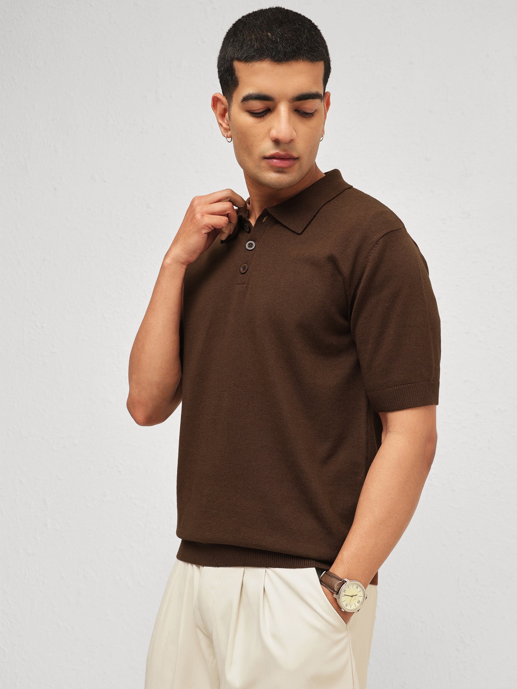 Brown Knitted Relax Fit Front Button Polo T-Shirt-MASCLN SASSAFRAS