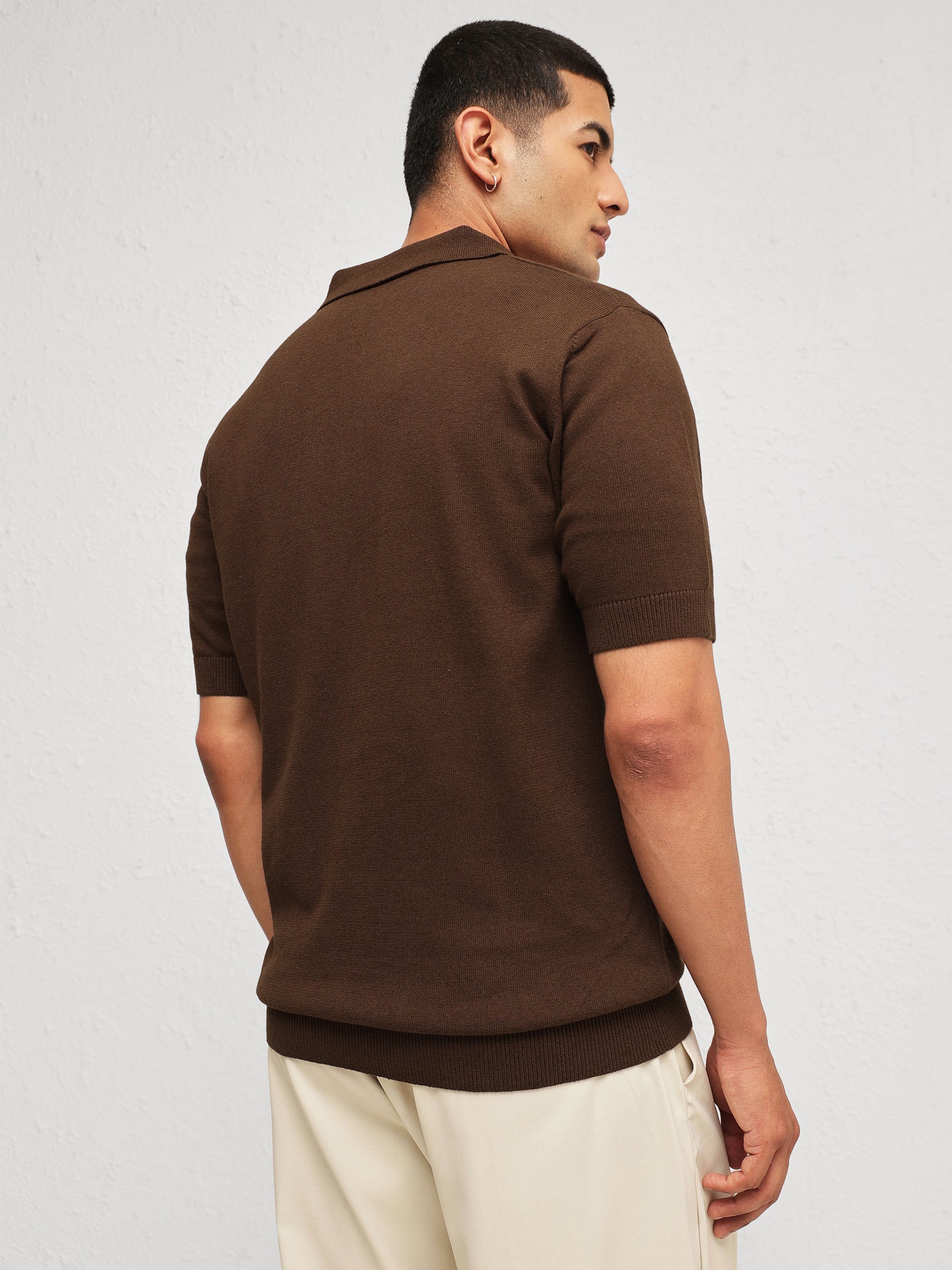 Men Brown Knitted Relax Fit Front Button Polo T-Shirt