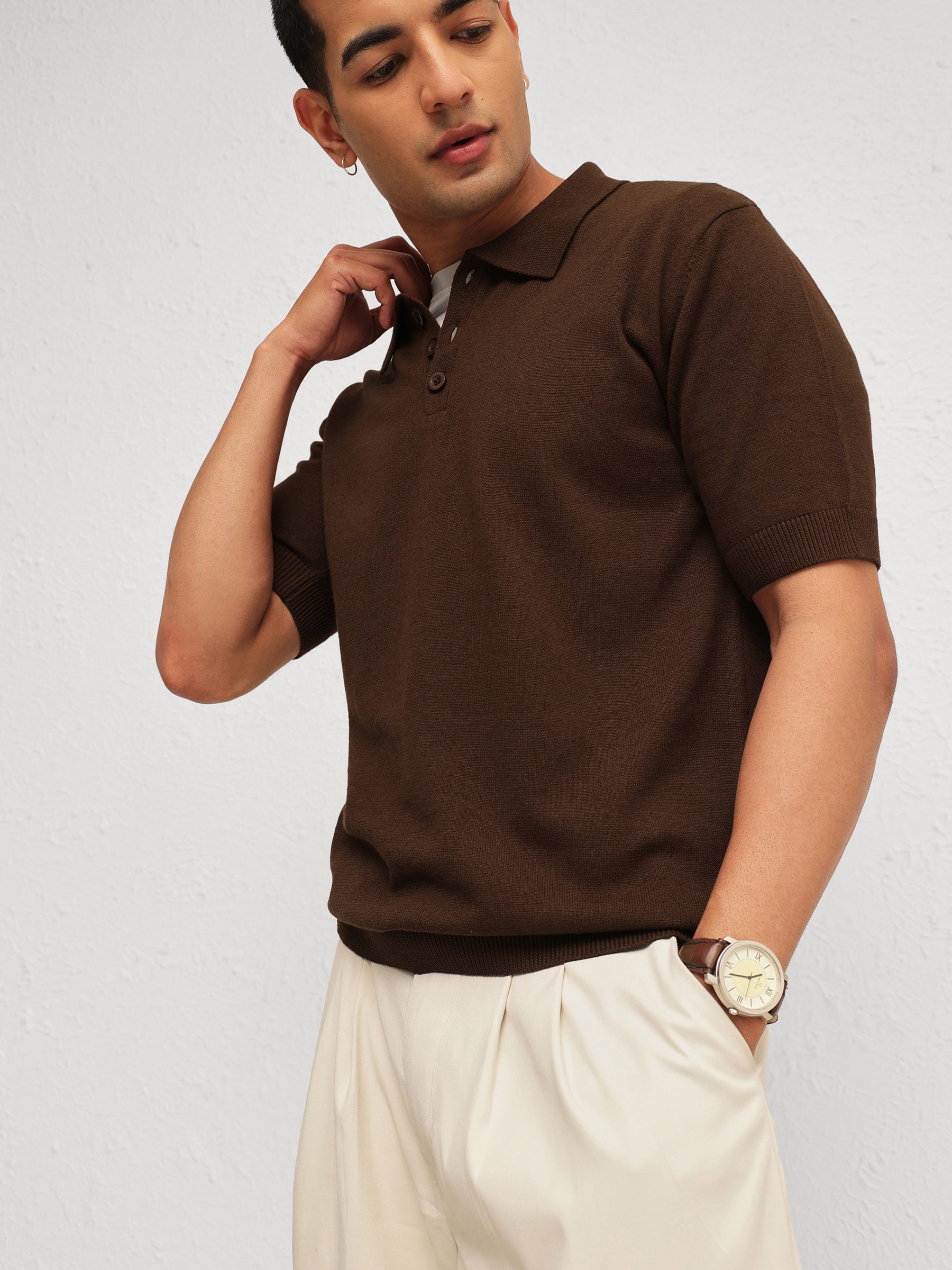 Men Brown Knitted Relax Fit Front Button Polo T-Shirt