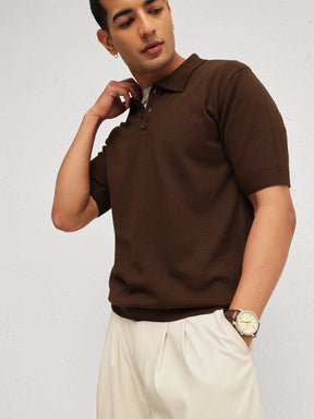 Men Brown Knitted Relax Fit Front Button Polo T-Shirt