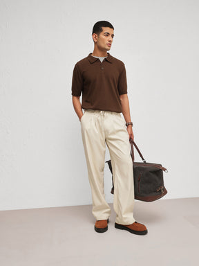 Men Brown Knitted Relax Fit Front Button Polo T-Shirt