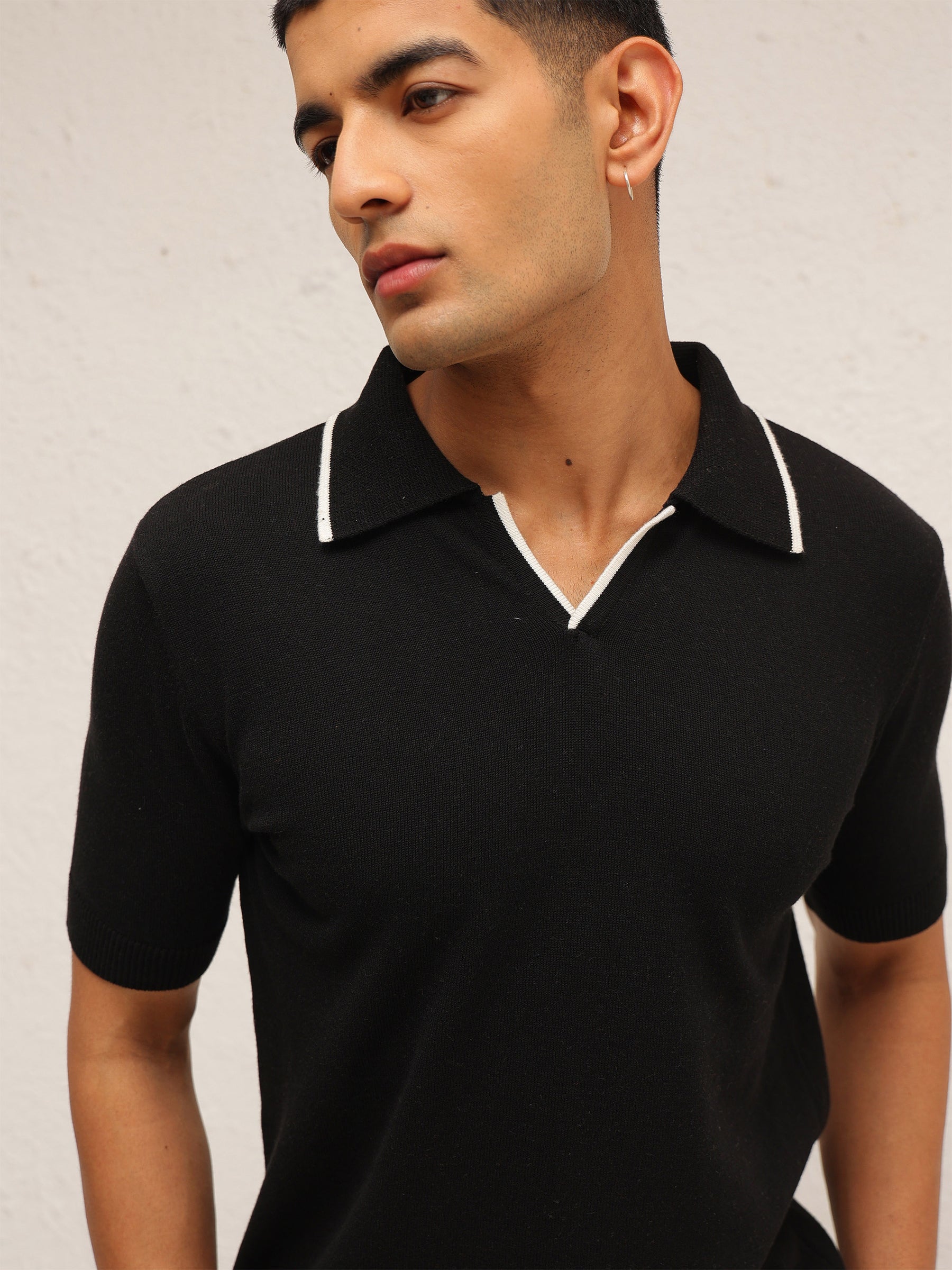 Black Knitted Relax Fit Polo T-Shirt-MASCLN SASSAFRAS