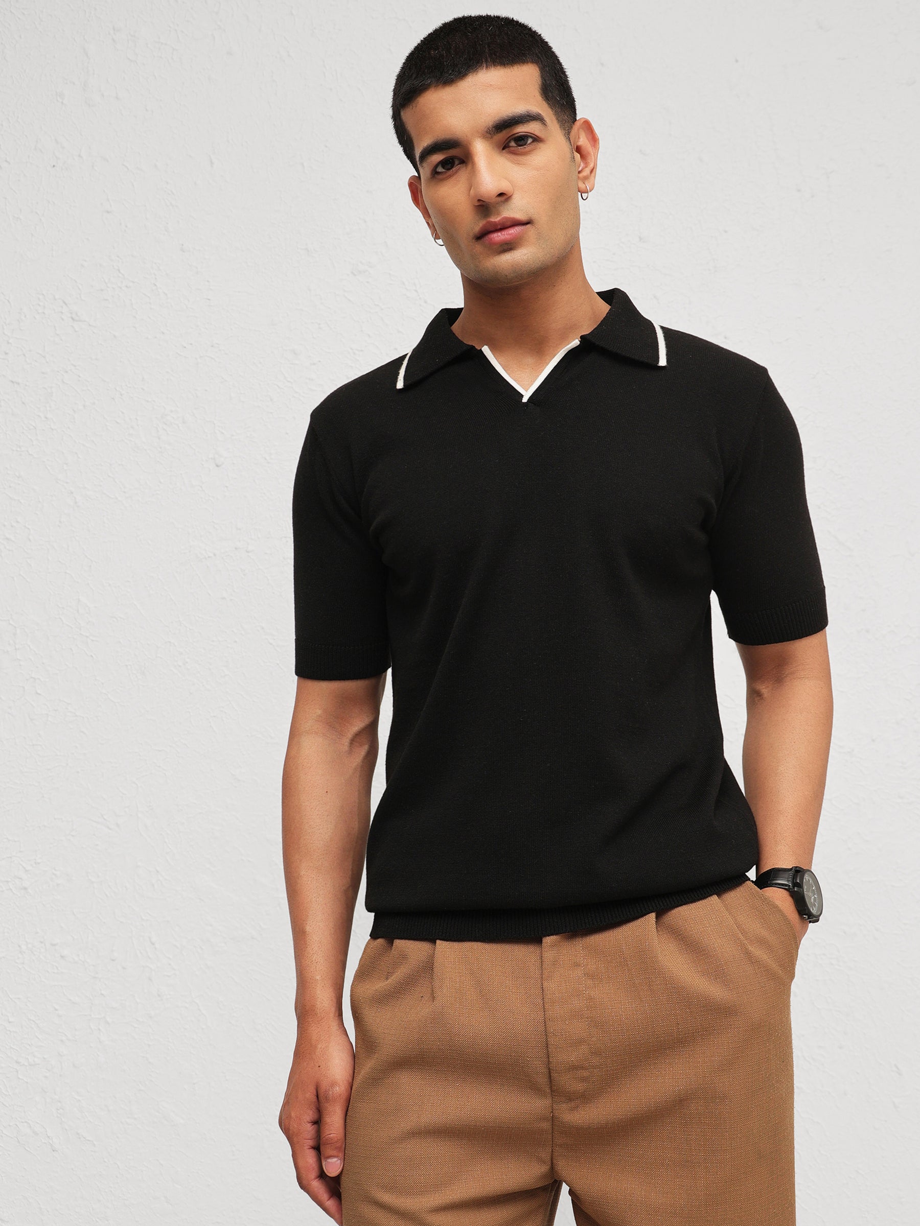 Black Knitted Relax Fit Polo T-Shirt-MASCLN SASSAFRAS