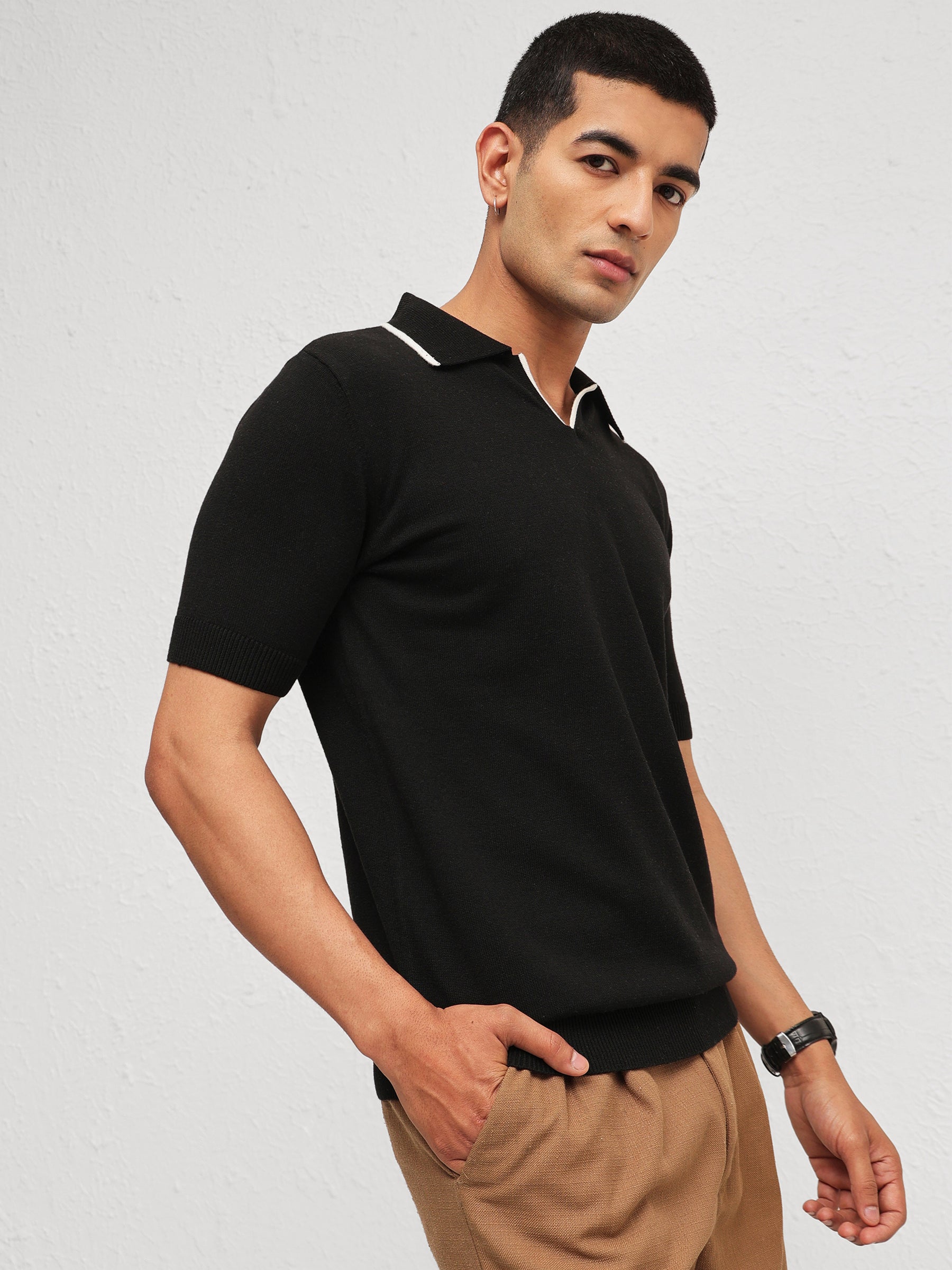 Black Knitted Relax Fit Polo T-Shirt-MASCLN SASSAFRAS