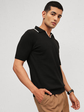 Black Knitted Relax Fit Polo T-Shirt-MASCLN SASSAFRAS