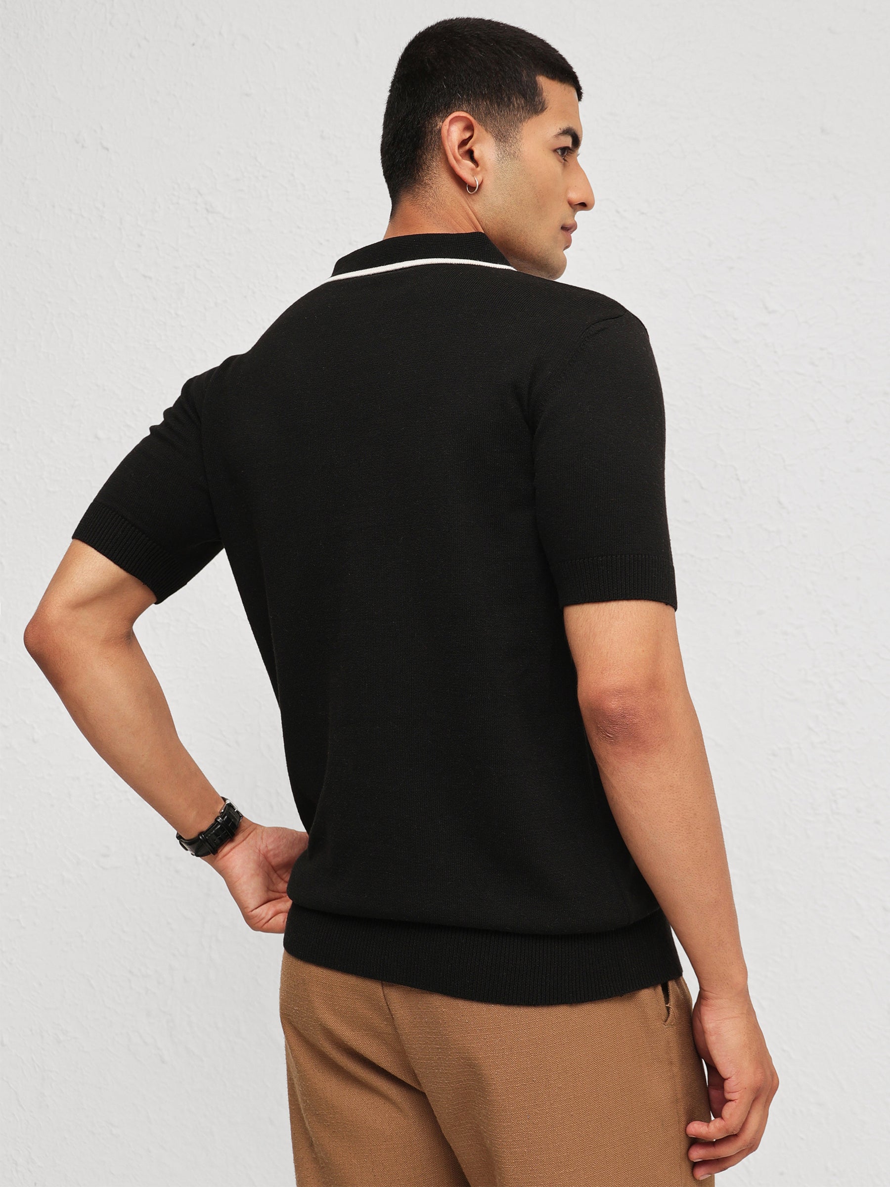 Men Black Knitted Relax Fit Polo T-Shirt