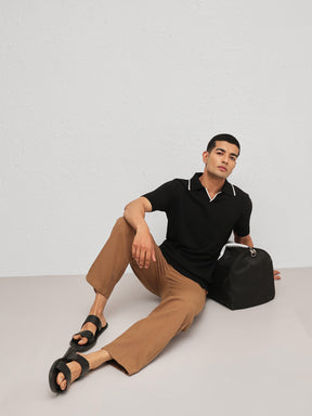 Men Black Knitted Relax Fit Polo T-Shirt
