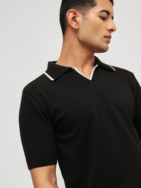 Men Black Knitted Relax Fit Polo T-Shirt