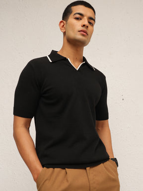 Men Black Knitted Relax Fit Polo T-Shirt