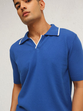 Blue Knitted Relax Fit Polo T-Shirt-MASCLN SASSAFRAS