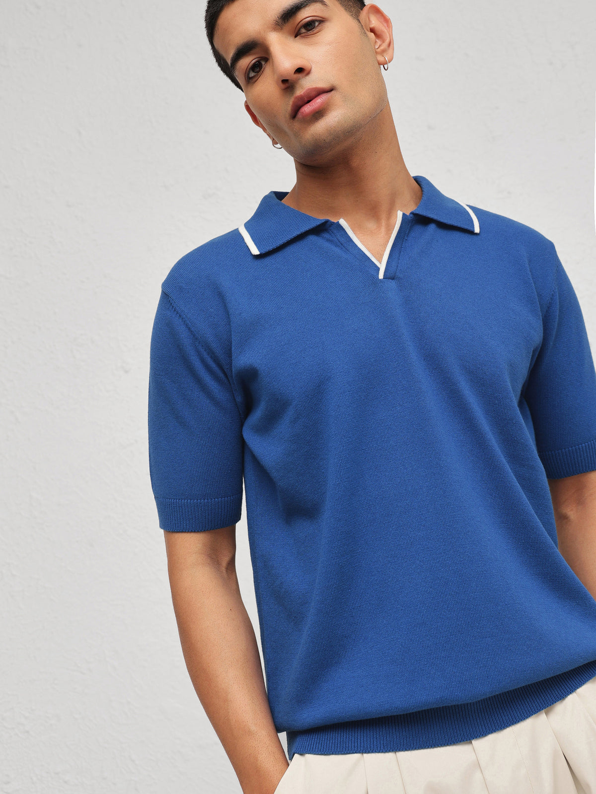 Blue Knitted Relax Fit Polo T-Shirt-MASCLN SASSAFRAS