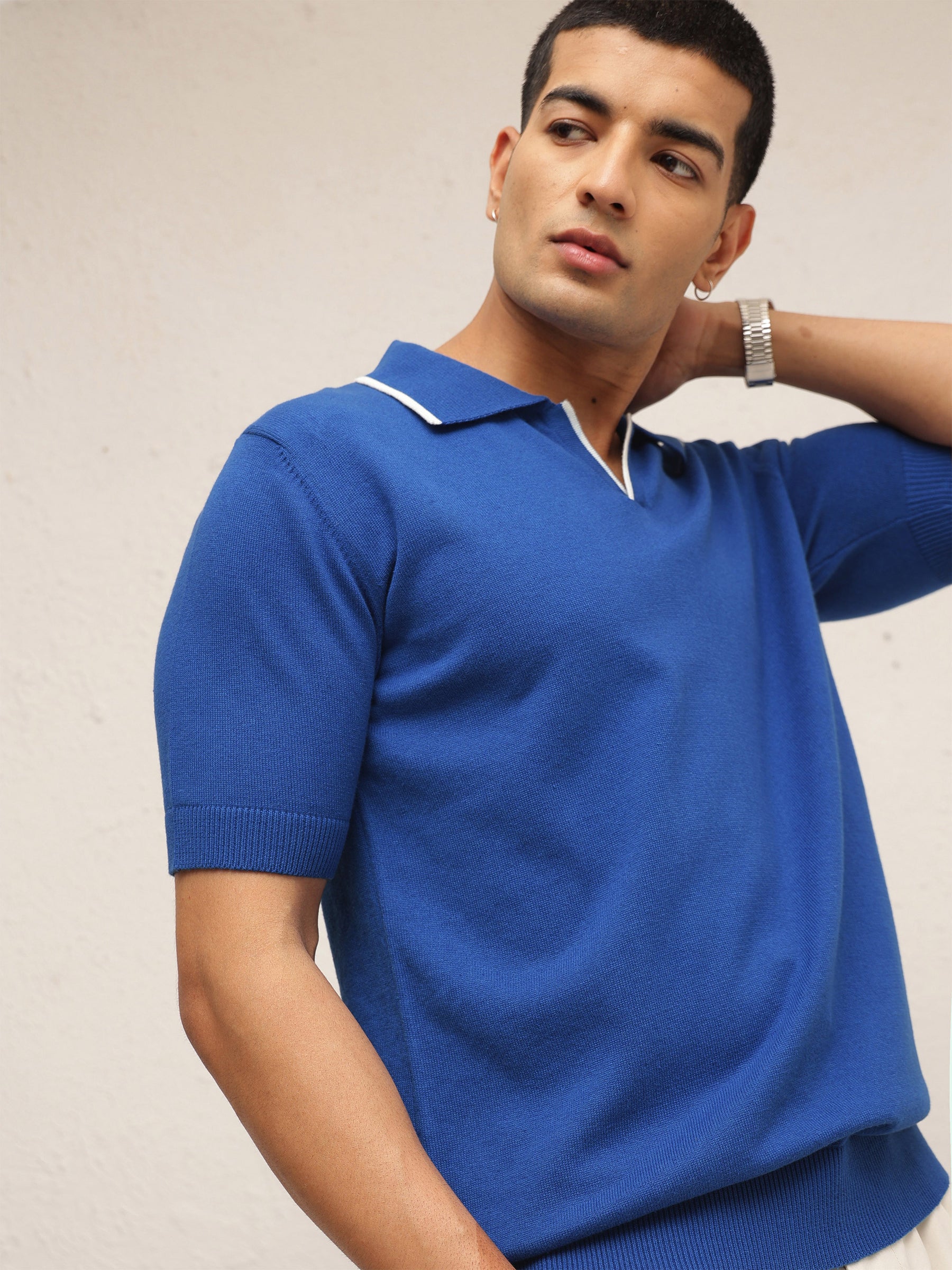 Blue Knitted Relax Fit Polo T-Shirt-MASCLN SASSAFRAS