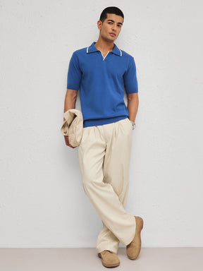Men Blue Knitted Relax Fit Polo T-Shirt