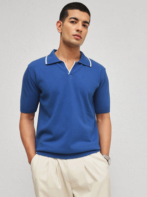 Men Blue Knitted Relax Fit Polo T-Shirt