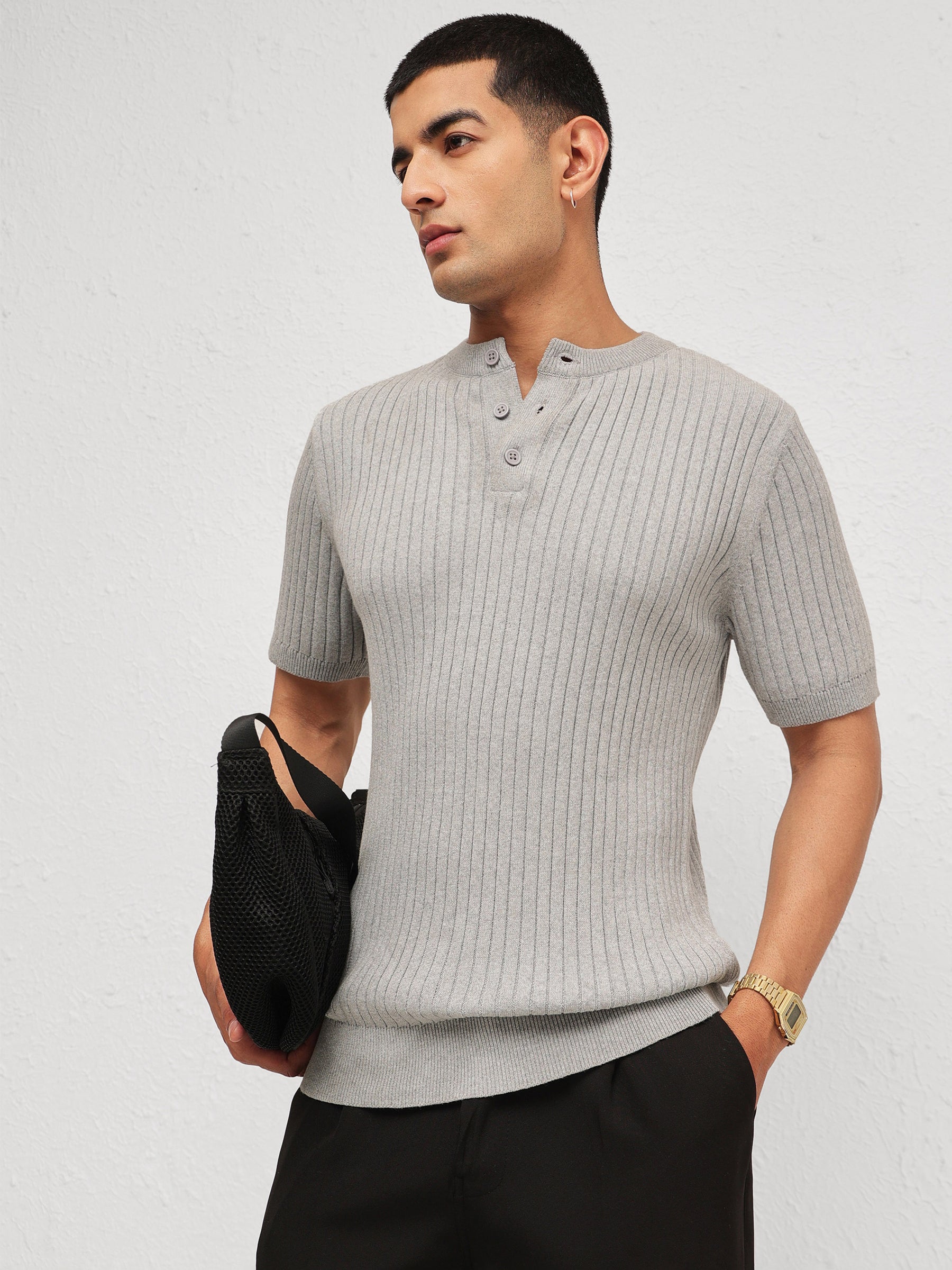 Men Grey Rib Relax Fit Henley T-Shirt